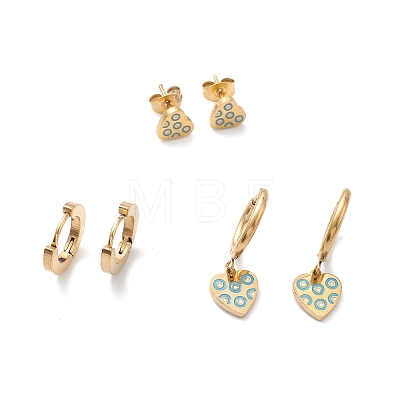 3 Pairs 3 Style Enamel Heart with Ring Dangle Hoop Earrings EJEW-B020-11G-1