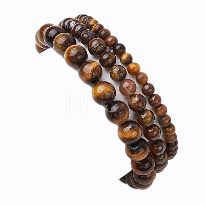 3Pcs Round Natural Tiger Eye Beads Stretch Bracelets BJEW-JB10964-1