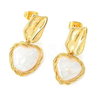 Brass with Natural Pearl Stud Dangle Earrings EJEW-JE07234-1