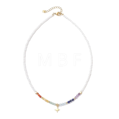 304 Stainless Steel Star Pendant Natural Aquamarine & Yellow Opal & Lapis Lazuli & Amethyst & Green Aventurine & Carnelian & Glass Faceted Rondelle Beaded Chakra Nacklaces NJEW-JN05773-1