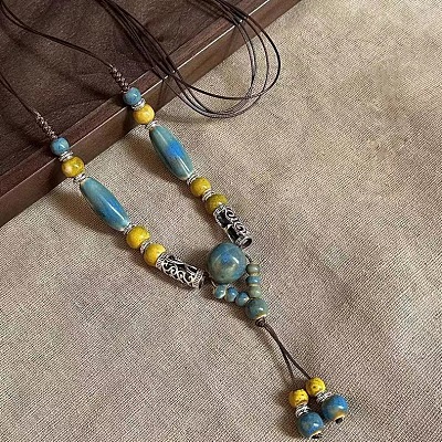 Alloy & Porcelain Beaded Barrel Tassel Pendant Long Bib Necklaces for Women WG23FEE-03-1