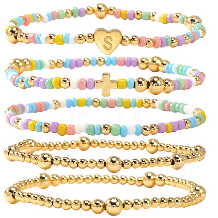 Summer Stainless Steel Heart Alphabet Colorful Glass Seed Beaded Stretch Bracelet Sets JV8929-19-1