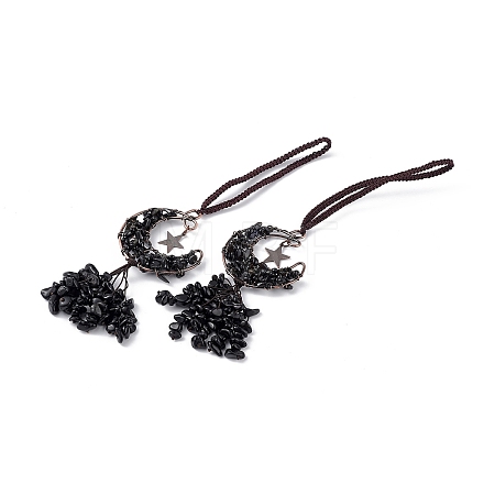 Natural Dyed & Heated Black Agate Moon with Chips Tassel Pendant Decorations G-L524-07R-B01-1