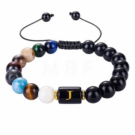 10MM Natural Black Obsidian Alphabet Beaded Braided Bracelets TO2319-10-1
