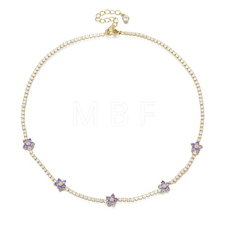 Cubic Zirconia Classic Tennis Necklace with Flower Links NJEW-N048-01D-1