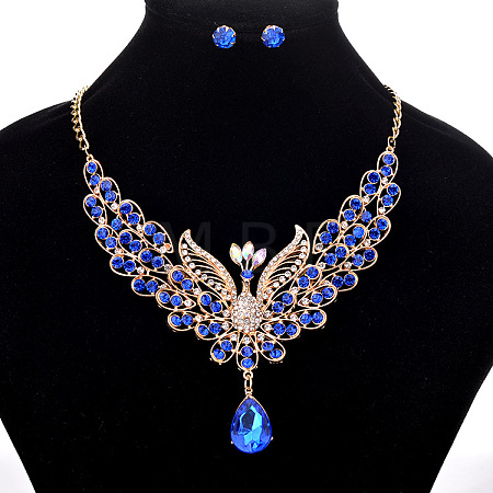 Alloy Rhinestone Hollow Peacock Bib Necklace & Stud Earrings Sets WGD829A-02-1
