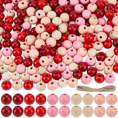 250Pcs 5  Colors Spray Painted Round Natural Schima Wood Beads WOOD-PA0001-73A-1