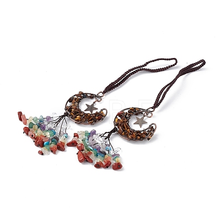 Natural Tiger Eye Moon with Mixed Gemstone Chips Tassel Pendant Decorations G-L524-07R-A03-1