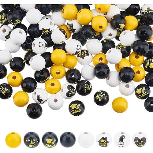 Unicraftale 120Pcs 8 Styles Senior Year Theme Printed Wooden Beads WOOD-UN0001-01-1