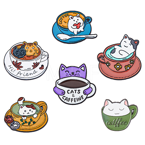6Pcs 6 Style Cat with Cup Enamel Pin JEWB-HY0001-25-1