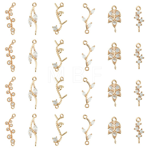 24Pcs 6 Styles Brass Clear Cubic Zirconia Connector Charms KK-FH0004-47-1