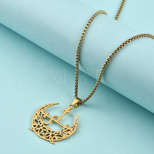 304 Stainless Steel Hollow Crescent Moon Pendant Box Chain Necklaces NJEW-M086-02G-1