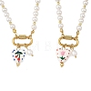 2Pcs 2 Colors Handmade Printed Floral Porcelain Heart & 304 Stainless Steel Pendant Round White Shell Pearl Beaded Necklaces for Women NJEW-JN06391-2