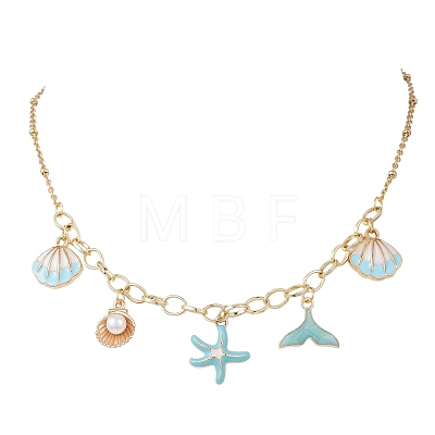 Ocean Alloy Enamel Whale Tail Shell Shape Starfish Pendant Brass Cable Chain and 304 Stainless Steel Satellite Chain Bib Necklaces for Women NJEW-JN05815-01-1