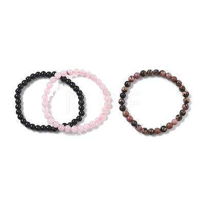 3Pcs 3 Style Natural Rhodonite & Black Agate & Rose Quartz Round Beaded Stretch Bracelets Set PW23030761414-1