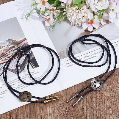 4Pcs 2 Colros Retro Alloy Pendant Black PU Leather Lariat Bolo Tie Necklaces NJEW-ME0001-11B-1