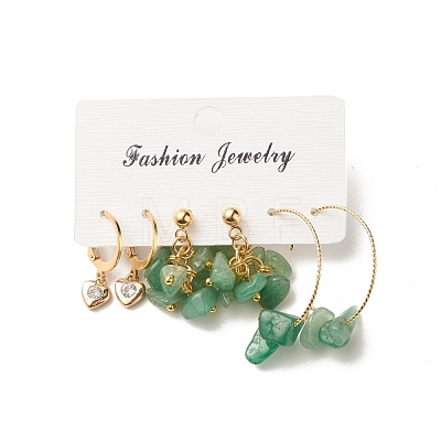 3 Pairs 3 Style Natural Green Aventurine Chips Beaded Cluster Dangle Stud & Leverback Earrings EJEW-JE04895-05-1