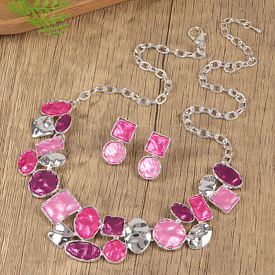 Flat Round & Oval & Square Zinc Alloy Enamel Pendant Necklaces & Stud Earrings Sets WG42338-08-1