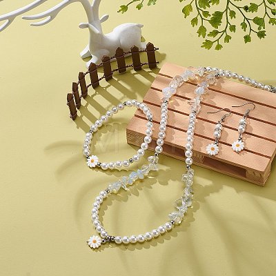 Plastic Pearl Daisy Pendant Dangle Earrings & Stretch Bracelet & Pendant Necklace SJEW-JS01256-1
