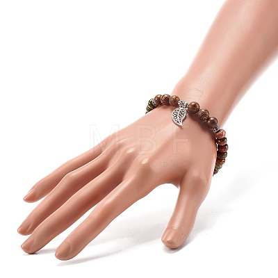 Reiki Natural Unakite & Wenge Wood Beads Stretch Bracelet BJEW-JB06896-05-1