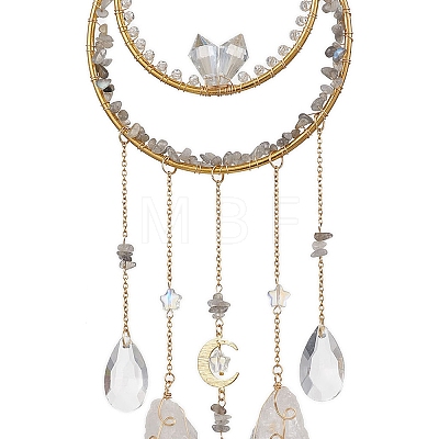 Nuggets Natural Quartz Crystal & Labradorite Chip & Brass Moon Hanging Ornaments HJEW-JM02566-1