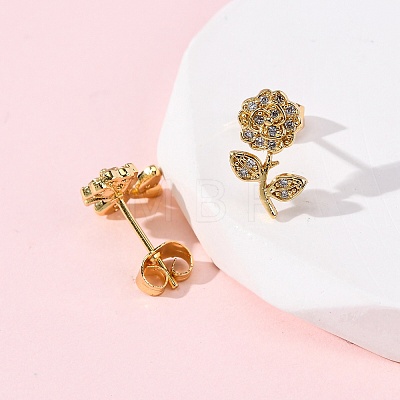 Brass Micro Pave Clear Cubic Zirconia Flower Stud Earrings EJEW-K267-35G-1