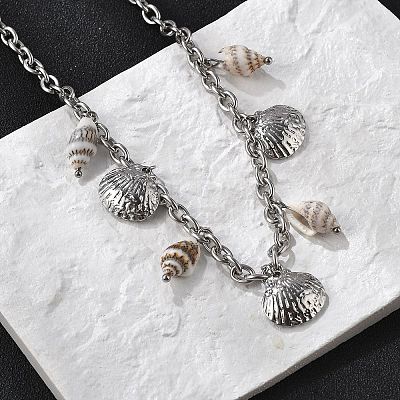 Summer Beach 304 Stainless Steel & Shell Pendant Necklaces NJEW-Z061-09P-1