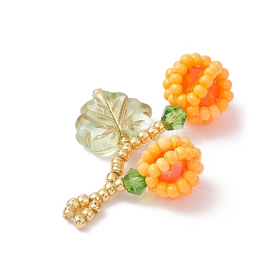 Glass Seed Beaded Berries & Leaf Pendants PALLOY-MZ01114-03-1