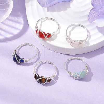 Copper Wire Wrapped Natural Gemstone Round Beaded Finger Rings for Women RJEW-JR00739-1