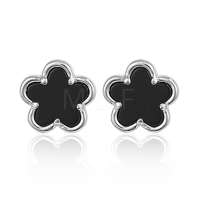 925 Silver Black Agate Flower Stud Earrings JT8400-2-1