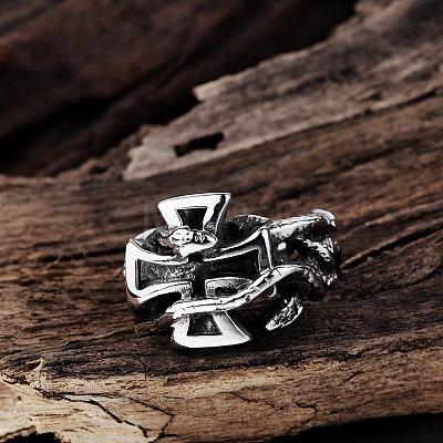 Punk Rock Style 316L Surgical Stainless Steel Cross with Snake Wide Band Rings for Men RJEW-BB06728-11-1