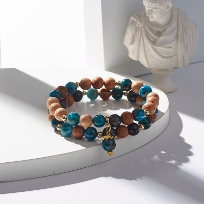 Natural Apatite & Wood Round Beads Stretch Bracelets Set BJEW-JB07165-01-1