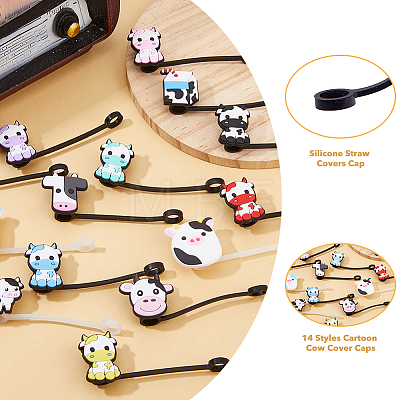 DICOSMETIC 14Pcs 14 Style Cow Theme Silicone Straw Cap AJEW-DC0001-46-1