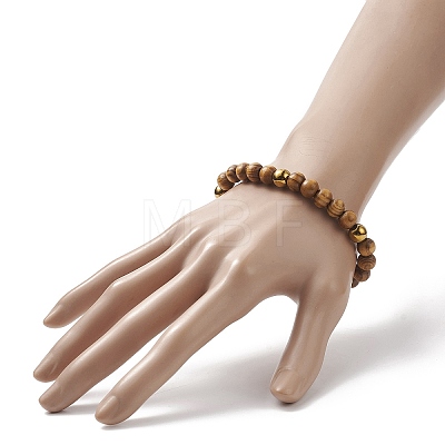 Natural Wood & Synthetic Hematite Round Beaded Stretch Bracelet for Women BJEW-JB09148-1