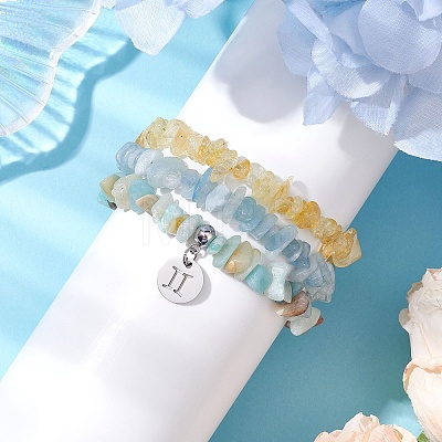 3Pcs 3 Styles Natural Citrine & Flower Amazonite & Aquamarine Aventurine Chips Stretch Bracelets Sets BJEW-JB11076-05-1