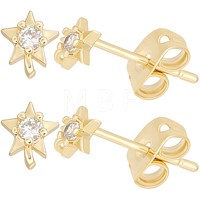 Beebeecraft 5 Pairs Star Shape Brass Micro Pave Clear Cubic Zirconia Stud Earring Findings ZIRC-BBC0002-55-1