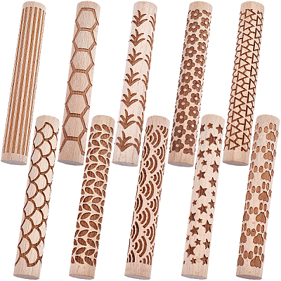 10Pcs 10 Styles Wood Handle Clay Texture Roller TOOL-CN0001-12B-1