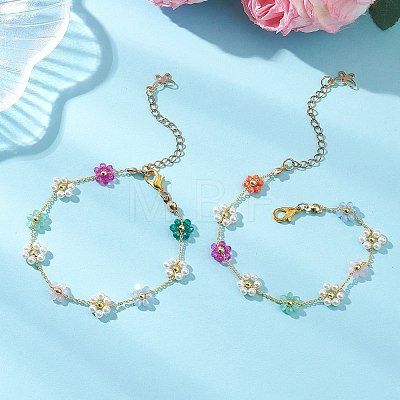 Brass & Glass Flower Link Chain Bracelets for Women BJEW-JB14026-1