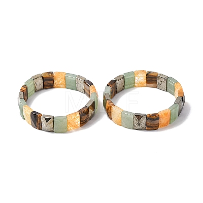 Rectangle Natural Pyrite & Green Aventurine & Tiger Eye & Quartz Crystal Beads Stretch Bracelets for Women Men BJEW-Z149-01I-1