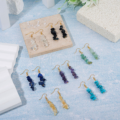 7 Pairs 7 Styles Gemstone Chip Beaded Dangle Earrings EJEW-TADJ00002-1