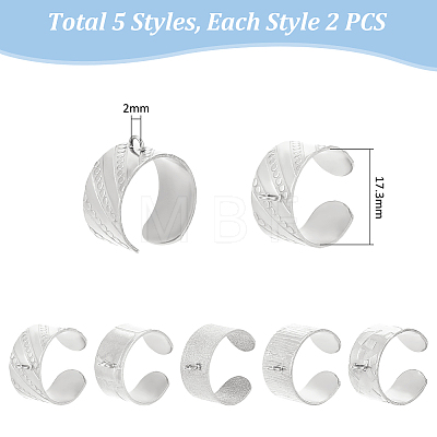 Unicraftale 10Pcs 5 Styles 304 Stainless Steel Open Cuff Ring Components STAS-UN0054-83P-1