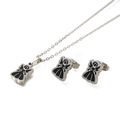 304 Stainless Steel Enamel Angel Stud Earrings & Pendant Necklace Set for Women SJEW-S002-01P-1