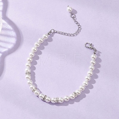 Round Shell Pearl & Brass Rhinestone Beaded Bracelet for Women BJEW-JB12871-1