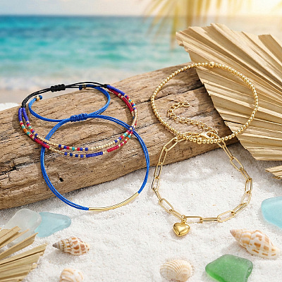 4Pcs 4 Styles Glass Seed Beads Multi-strand Braided Bead Bracelets & Brass Round Beads Stretch Bracelets & Heart 304 Stainless Steel Charm Bracelets & Brass Tube Braided Bracelets Set for Women VV5058-1-1