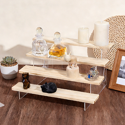 4 Layers Clear Acrylic with Wooden Tiered Bracelet Organizer Display Stands for Bangles BDIS-WH0011-08-1