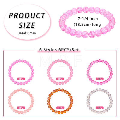 6Pcs 6 Styles 8mm Glass Round Beaded Stretch Bracelet Sets BJEW-TAC0023-1