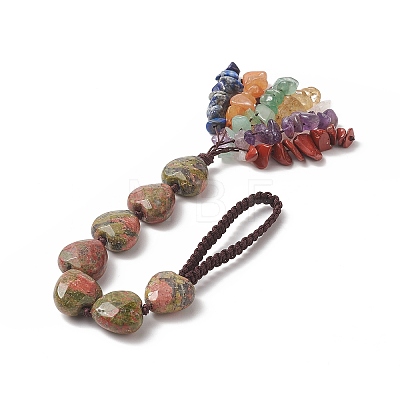 Heart Natural Unakite & Mixed Stone Chips Tassel Pendant Decorations HJEW-JM00948-03-1