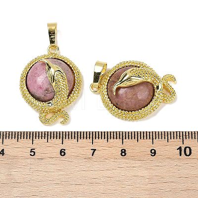 Natural Rhodonite Flat Round Shaped Brass Pendants KK-F887-03G-31-1