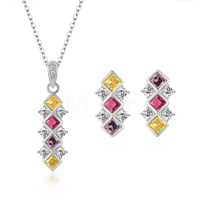 Rhombus Rhodium Plated 925 Sterling Silver Pave Colorful Cubic Zirconia Pendant Necklaces & Stud Earrings Sets for Women WGF0FD8-05-1