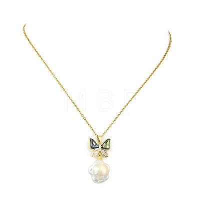 Brass Pave Clear Cubic Zirconia and Natural Abalone Shell Butterfly and Natural Baroque Keshi Pearl Flower Pendant 304 Stainless Steel Cable Chain Necklaces for Women NJEW-JN06116-1